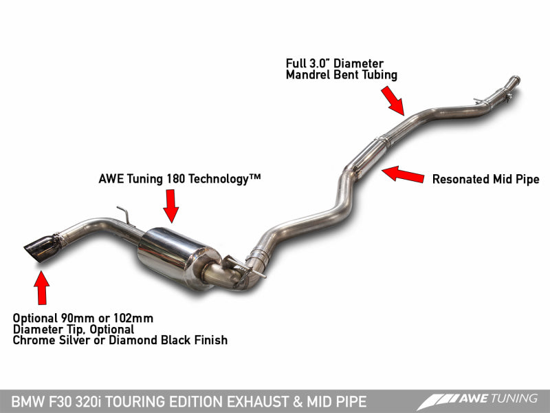 AWE Tuning 13-18 BMW 320i (F30) Touring Edition Exhaust w/ Perfomance Mid Pipe - Diamond Black Tips 3015-23038