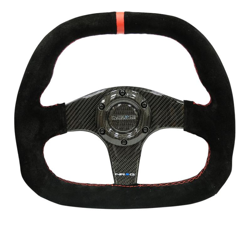 NRG Carbon Fiber Steering Wheel (320mm) Flat Btm. Blk Suede/Red Stitch w/CF Spokes & Red Center Mark ST-019CF Main Image