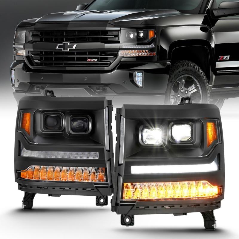 ANZO 16-18 Chevrolet Silverado 1500 LED Projector Headlights w/Plank Style Switchback Black w/ Amber 111420 Main Image