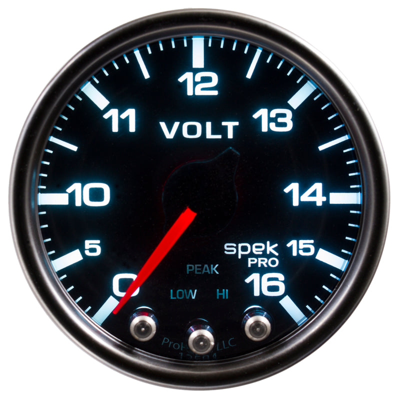 Autometer Spek-Pro Gauge Voltmeter 2 1/16in 16V Stepper Motor W/Peak & Warn Blk/Smoke/Blk P34452