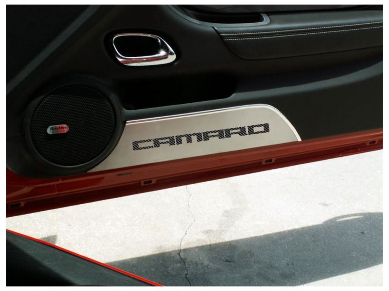 American Car Craft (ACC) Door Panel Insert;10-15 Camaro-Door Panel Kick Plates Brushed "Camaro"