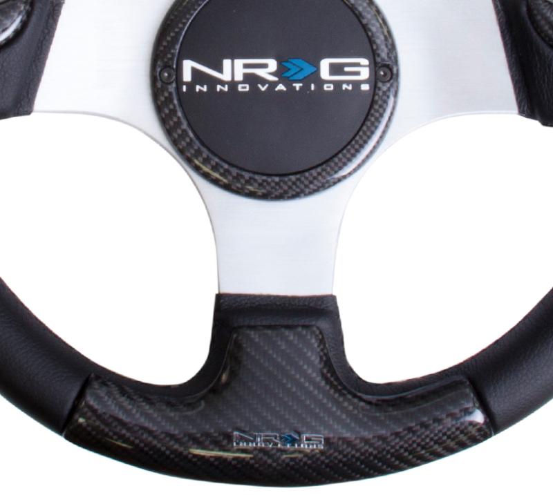 NRG Carbon Fiber Steering Wheel (350mm) Silver Frame Blk Stitching w/Rubber Cover Horn Button ST-014CFSL Main Image