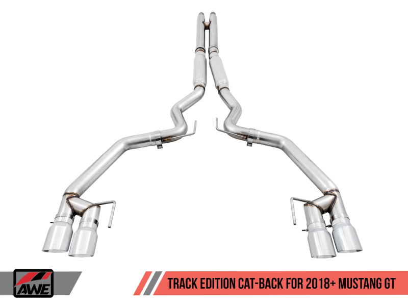 AWE Tuning 2018+ Ford Mustang GT (S550) Cat-back Exhaust - Track Edition (Quad Chrome Silver Tips) 3020-42064