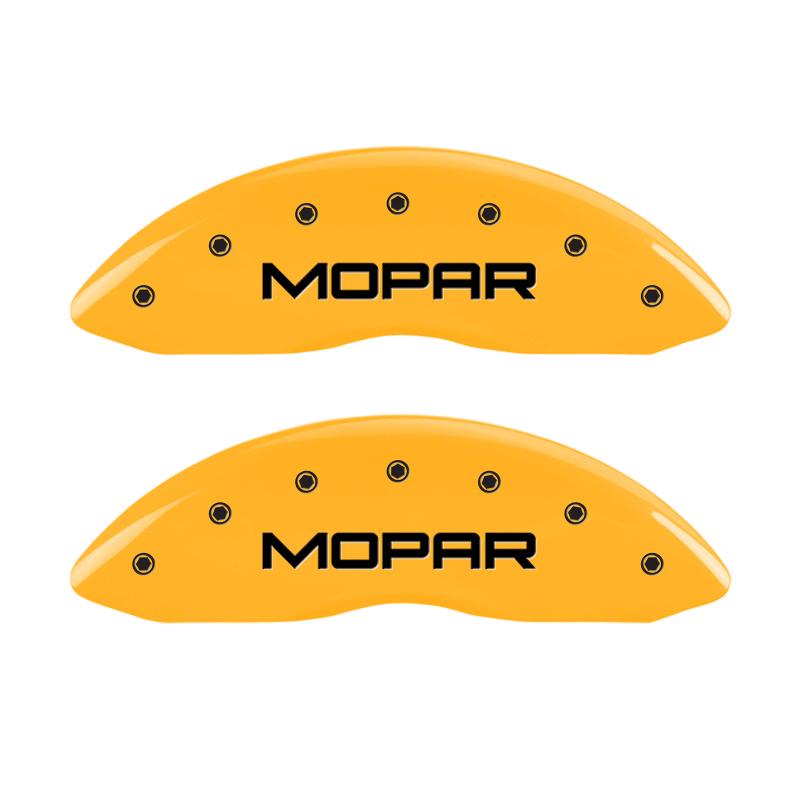 MGP 4 Caliper Covers Engraved Front & Rear Mopar Yellow Finish Black Char 2007 Dodge Charger 12005SMOPYL Main Image