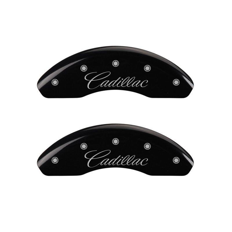 MGP 4 Caliper Covers Engraved Front & Rear Cursive/Cadillac Black finish silver ch 35023SCADBK Main Image