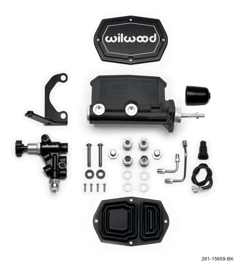 Wilwood Compact Tandem M/C - 7/8in Bore w/RH Bracket and Valve (Pushrod) - Black 261-15659-BK