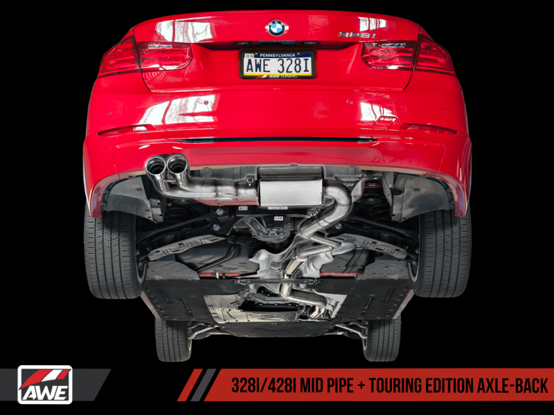 AWE Tuning BMW F3X 28i / 30i Touring Edition Axle-Back Exhaust Single Side - 80mm Silver Tips 3010-22022 Main Image