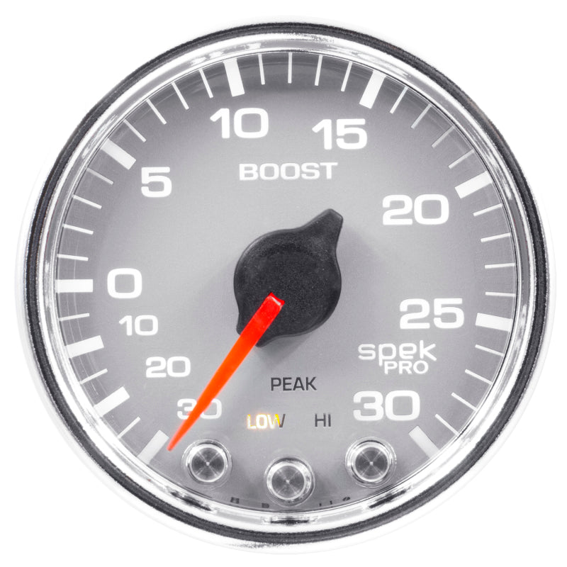 Autometer Spek-Pro Gauge Vac/Boost 2 1/16in 30Inhg-30psi Stepper Motor W/Peak & WarnSilver/Chrome P30221