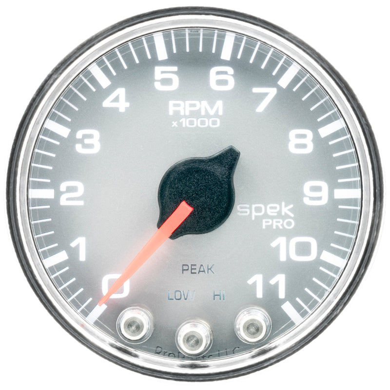 Autometer Spek-Pro Gauge Tach 2 1/16in 11K Rpm W/ Shift Light & Peak Mem Slvr/Chrm P33621