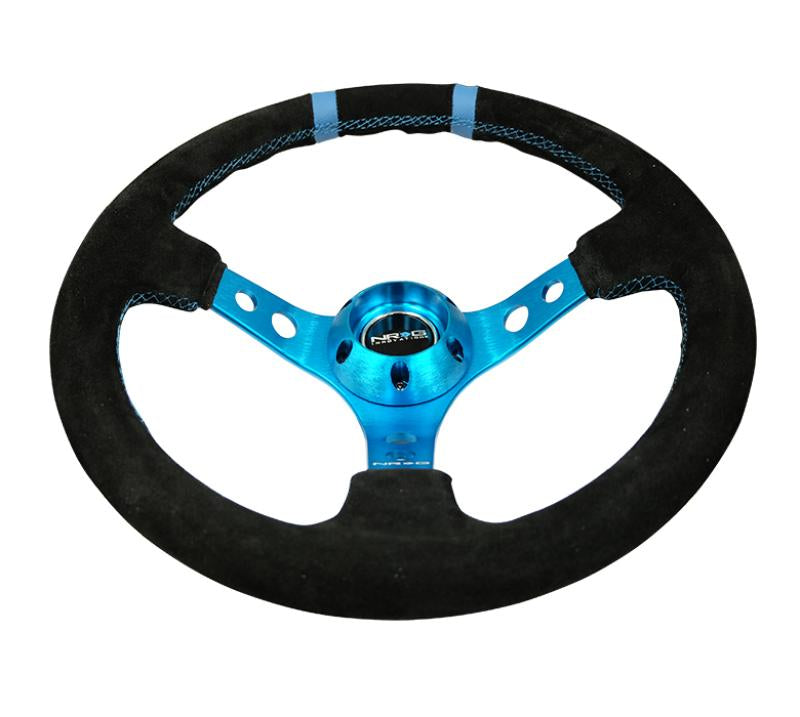 NRG Reinforced Steering Wheel (350mm / 3in. Deep) Blk Suede w/New Blue Spokes & Double Center Marks RST-016S-NB Main Image