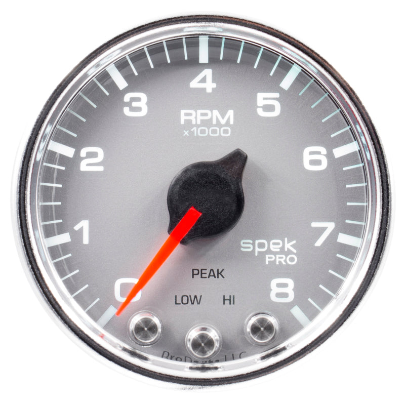 Autometer Spek-Pro Gauge Tach 2 1/16in 8K Rpm W/ Shift Light & Peak Mem Slvr/Chrm P33421