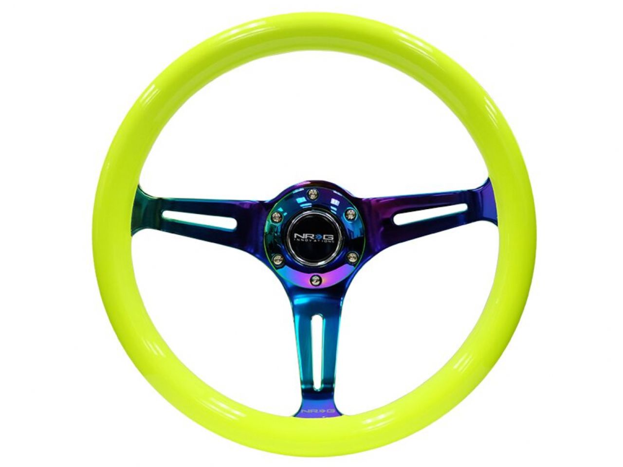 NRG Classic Wood Grain Wheel, 350mm 3 Neochrome Spokes-Neon Yellow Color