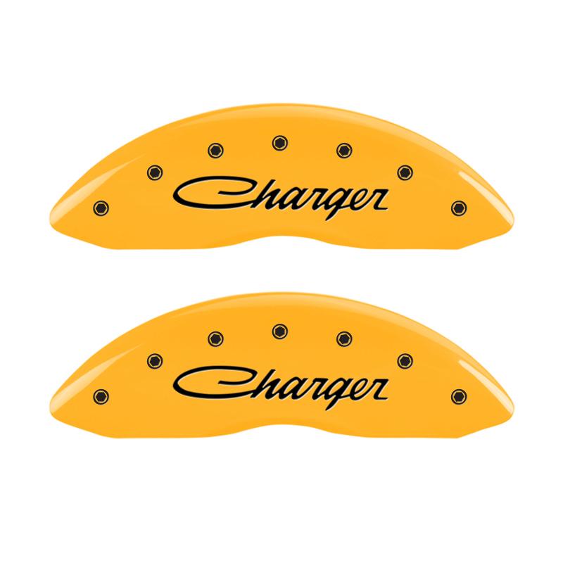 MGP 4 Caliper Covers Engraved Front & Rear Cursive/Charger Yellow finish black ch 12162SCHSYL Main Image