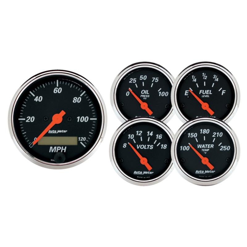 Autometer Designer 3-3/8in & 2-1/16in Kit Box-Elec Speedo & Elec Oil Press H2O Temp Volt Fuel Level 1421 Main Image