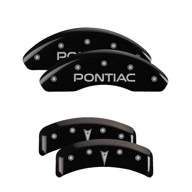 MGP 4 Caliper Covers Engraved Front Pontiac Engraved Rear Arrow Black finish silver ch 18027SPONBK Main Image