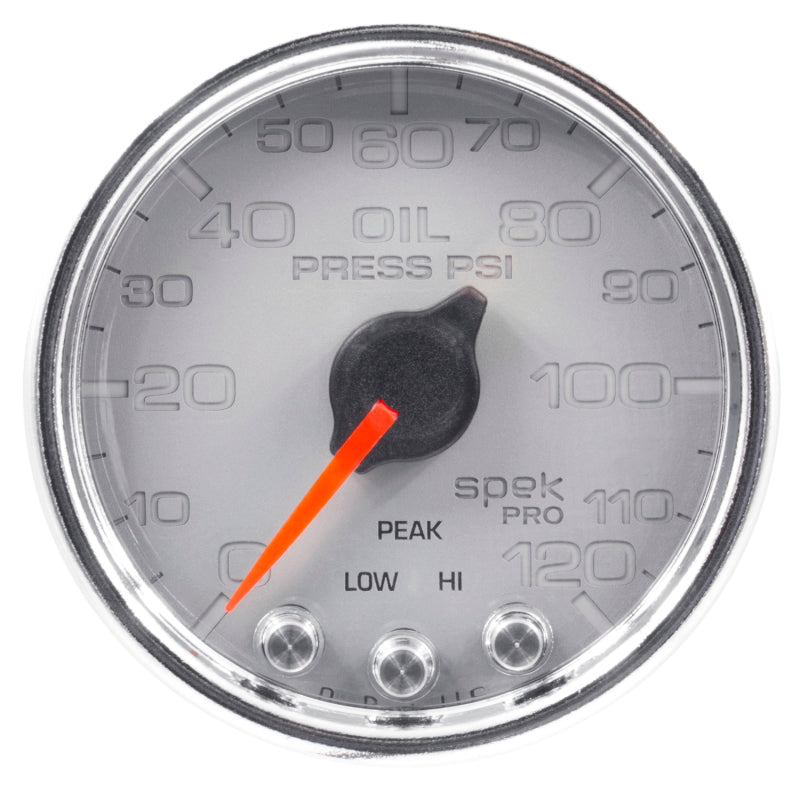 Autometer Spek-Pro Gauge Oil Press 2 1/16in 120psi Stepper Motor W/Peak & Warn Slvr/Chrm P32521