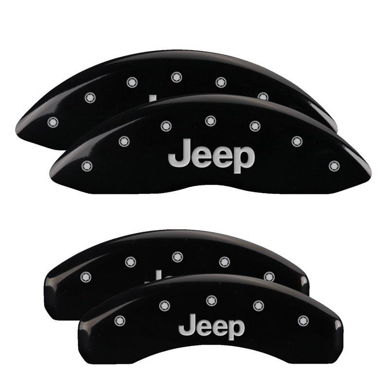 MGP 4 Caliper Covers Engraved Front & Rear 11-18 Jeep Grand Cherokee Black Finish Silver Jeep Logo 42020SJEPBK Main Image