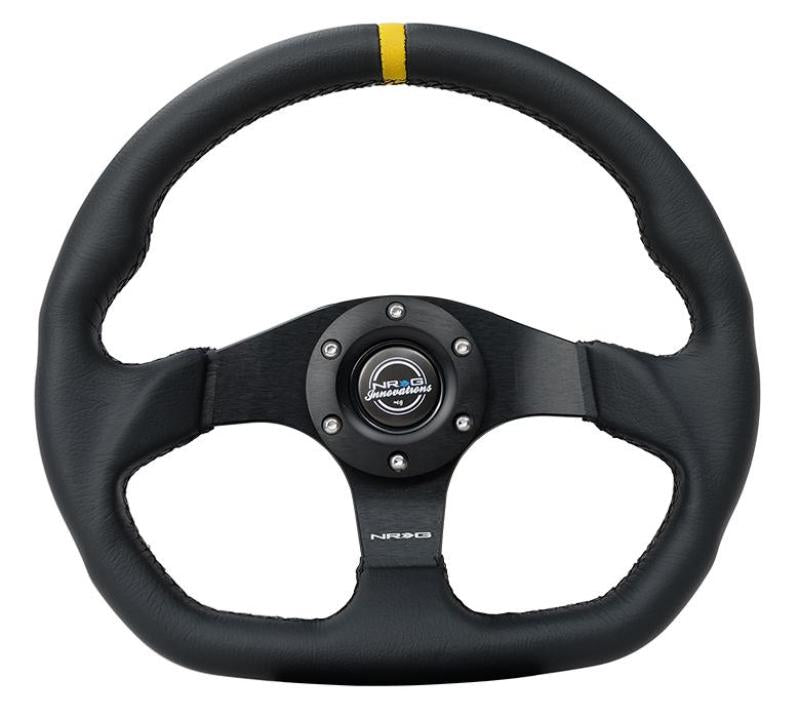 NRG Reinforced Steering Wheel (320mm) Sport Leather Flat Bottom w/ Yellow Center Mark RST-024MB-R-Y