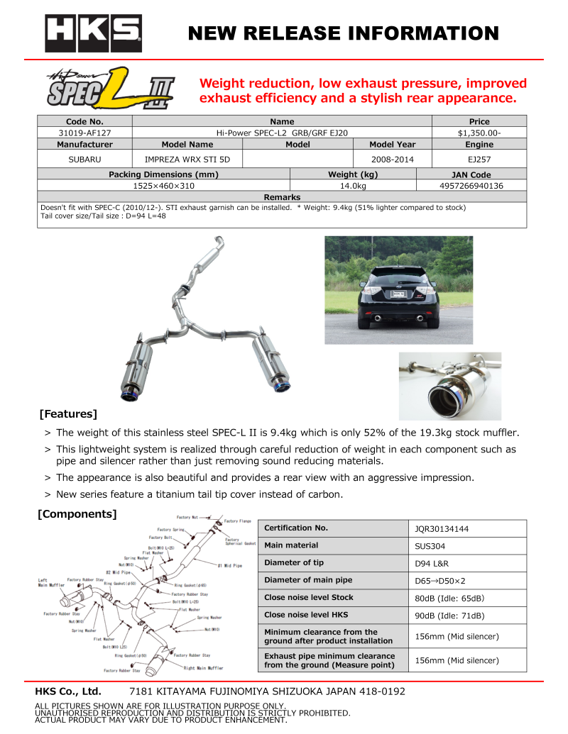 HKS Hi-Power Spec-L2 Grb/Grf Ej20 31019-Af127