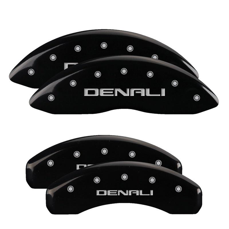 MGP 4 Caliper Covers Engraved Front & Rear Denali Black Finish Silver Char 2019 GMC Sierra 1500 34217SDNLBK Main Image