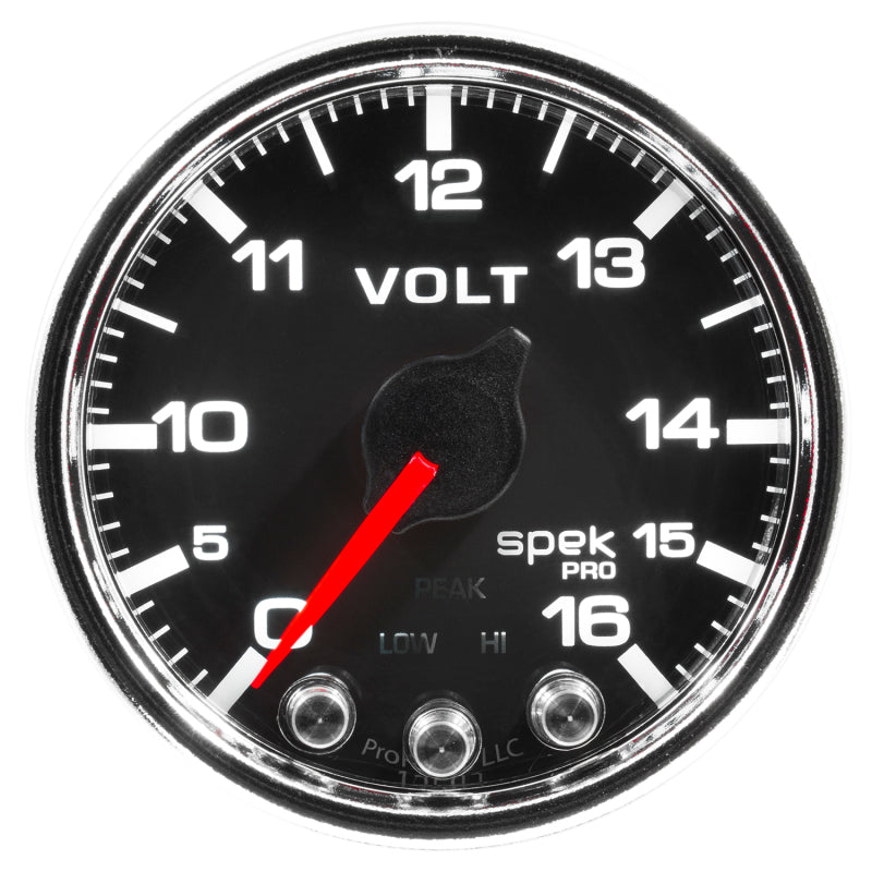 Autometer Spek-Pro Gauge Voltmeter 2 1/16in 16V Stepper Motor W/Peak & Warn Blk/Chrm P34431