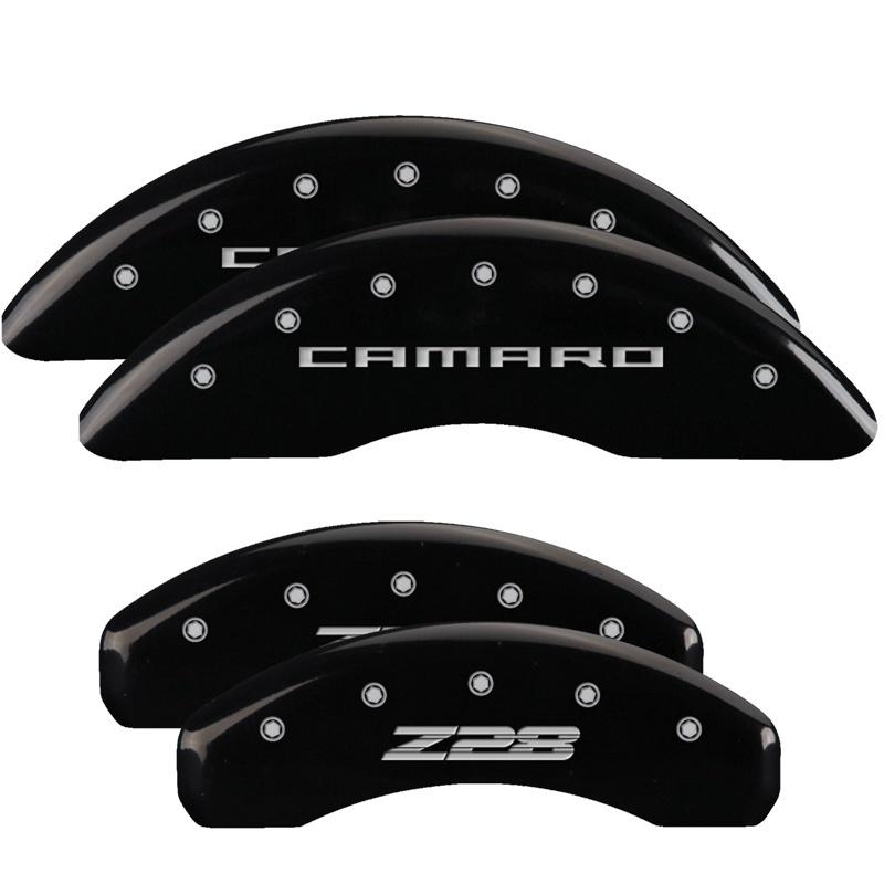 MGP 4 Caliper Covers Engraved Front Gen 5/Camaro Engraved Rear Gen 5/Z28 Black finish silver ch 14011SZ85BK Main Image