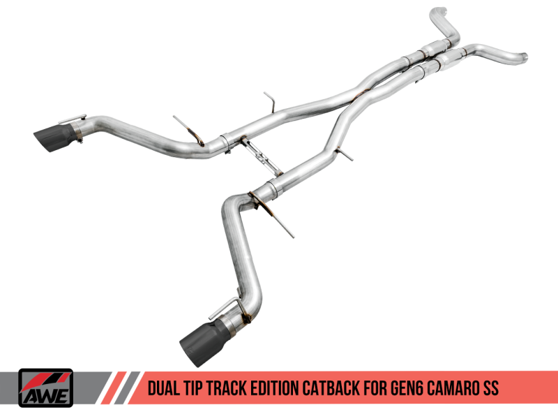 AWE Tuning 16-19 Chevy Camaro SS Non-Resonated Cat-Back Exhaust - Track Edition (Diamond Black Tips) 3020-33052 Main Image