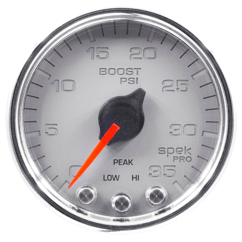 Autometer Spek-Pro Gauge Boost 2 1/16in 35psi Stepper Motor W/Peak & Warn Silver/Chrome P30321