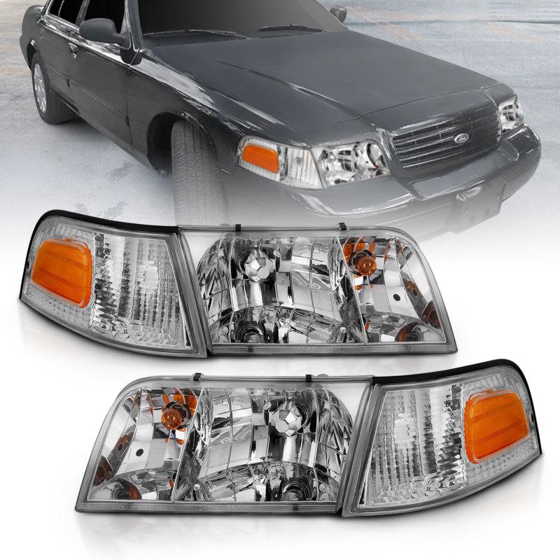 ANZO 1998-2005 Ford Crown Victoria Crystal Headlight Chrome With Bumper Light (OE) 121556 Main Image