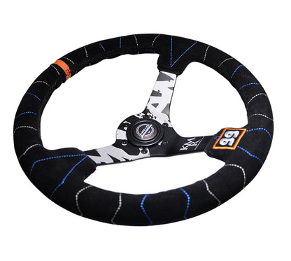 NRG Reinforced Steering Wheel (350mm / 3in. Deep) Blk Suede w/Color Stitch (Kyle Mohan Edition) RST-036MB-S-KMR