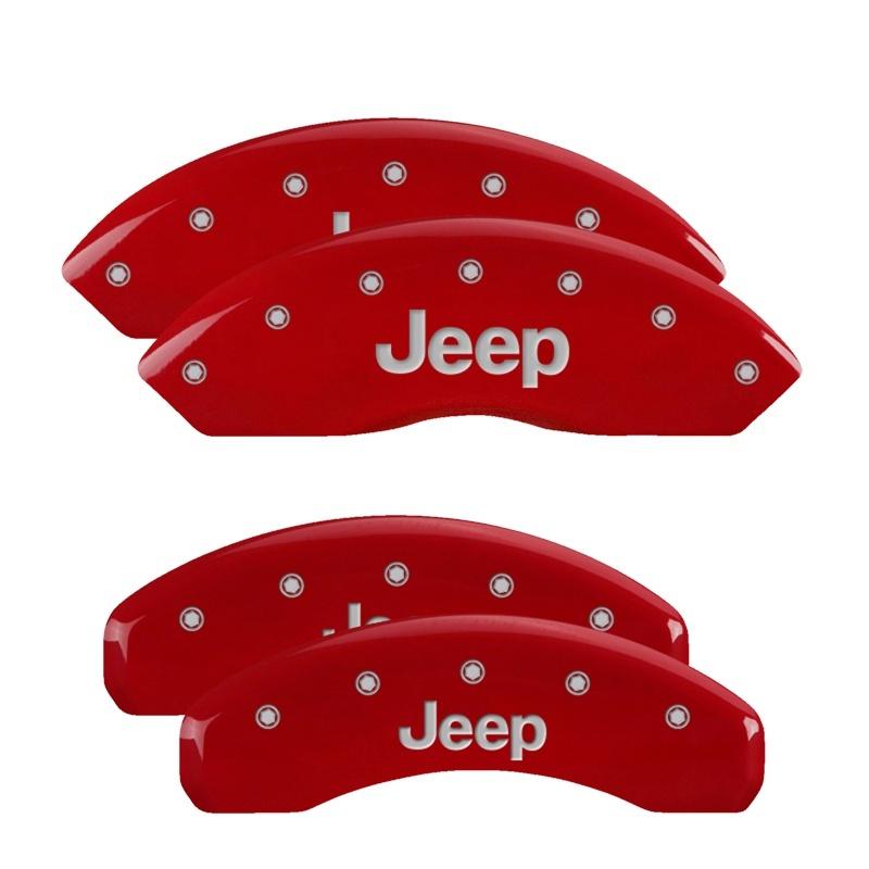 MGP 4 Caliper Covers Engraved Front & Rear Jeep Red Finish Silver Char 2018 Jeep Wrangler 42019SJEPRD Main Image