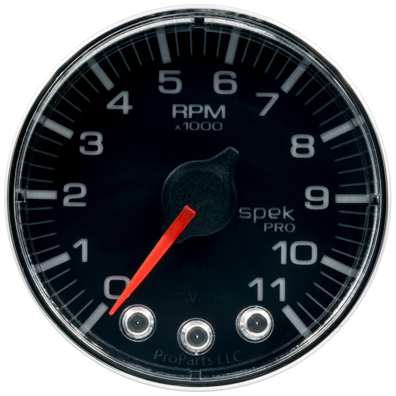 Autometer Spek-Pro Gauge Tach 2 1/16in 11K Rpm W/ Shift Light & Peak Mem Blk/Chrm P336318