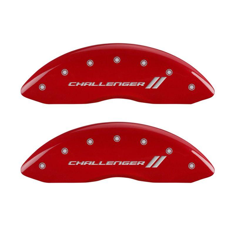 MGP 4 Caliper Covers Engraved Front & Rear With stripes/Challenger Red finish silver ch 12005SCL1RD Main Image