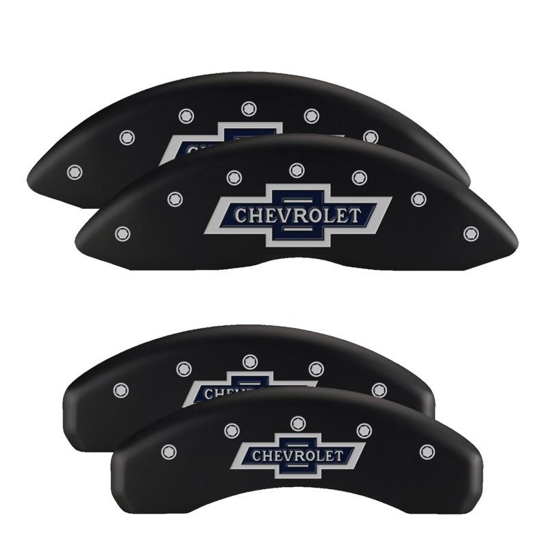 MGP 4 Caliper Covers Engraved F & R 100th Anniv Black Finish Silver Char 2019 Chevy Silverado 1500 14252SBANMB Main Image