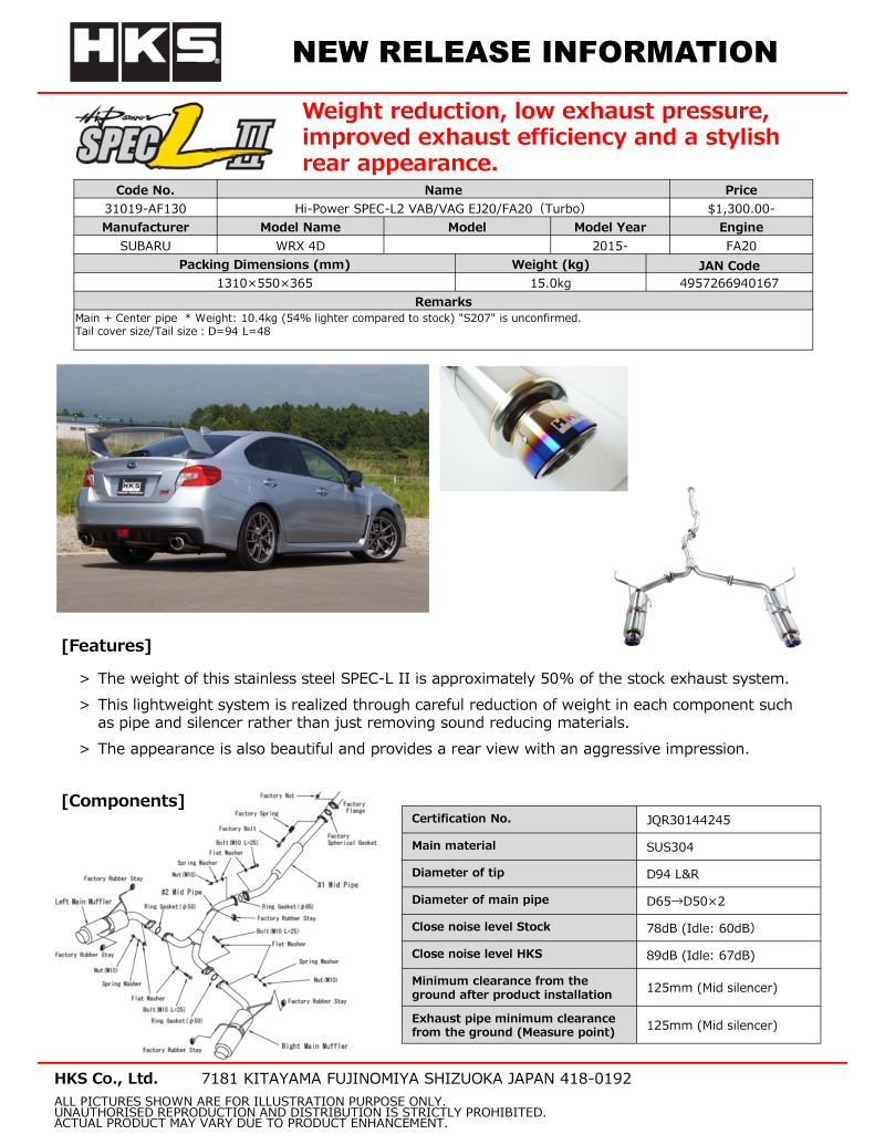 HKS Hi-Power Spec-L2 Vab Ej20 31019-Af130