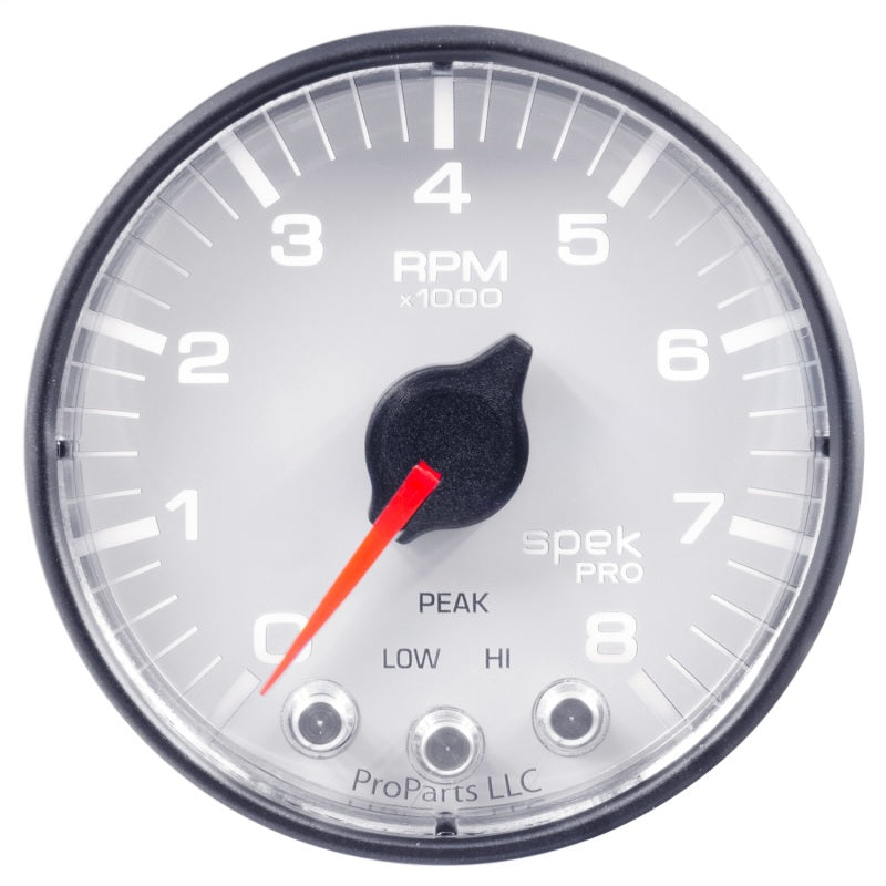 Autometer Spek-Pro Gauge Tach 2 1/16in 8K Rpm W/ Shift Light & Peak Mem Wht/Blk P334128