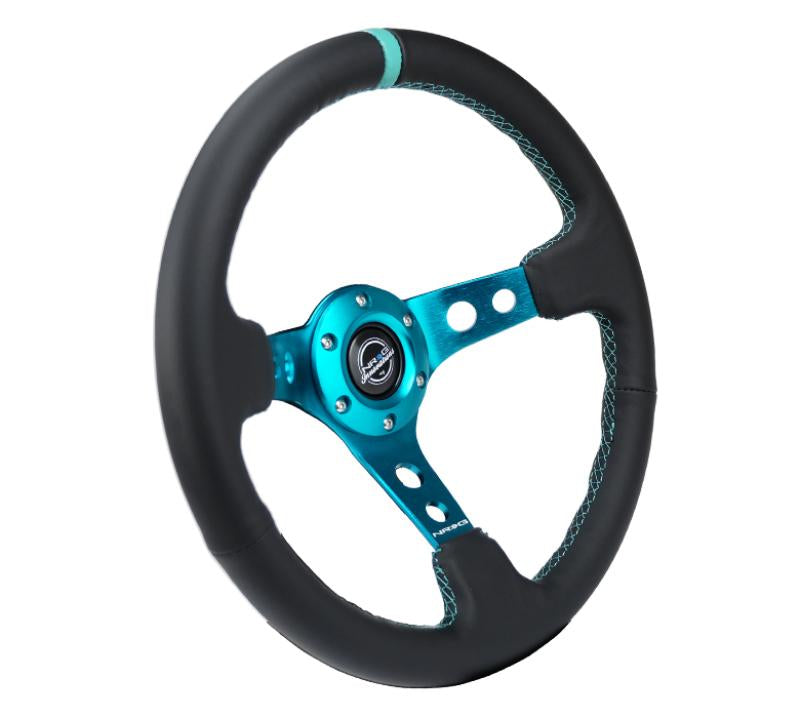 NRG Reinforce Steering Wheel (350mm / 3in. Deep) Blk Leather, Teal Center Mark w/ Teal Stitching RST-006TL Main Image