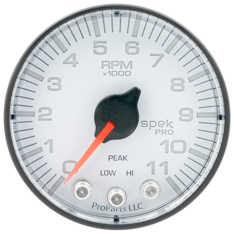 Autometer Spek-Pro Gauge Tach 2 1/16in 11K Rpm W/ Shift Light & Peak Mem Wht/Blk P336128