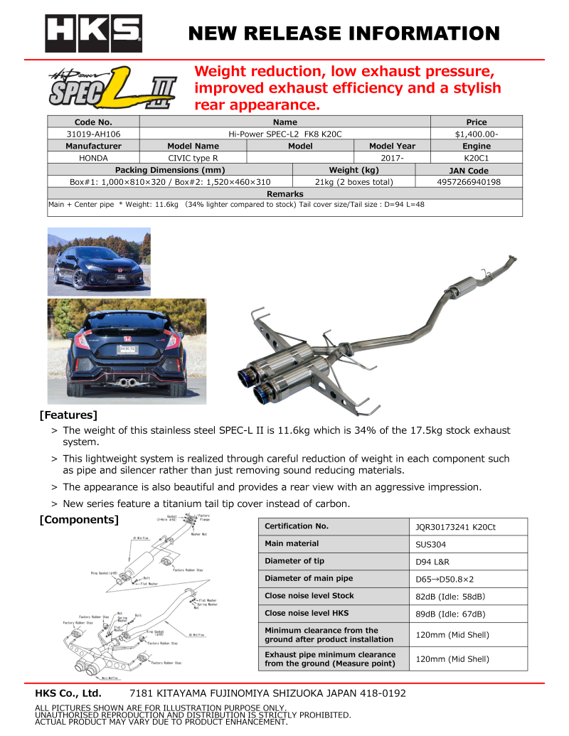 HKS Hi-Power Muffler SPEC-L2 FK8 K20C 31019-AH106