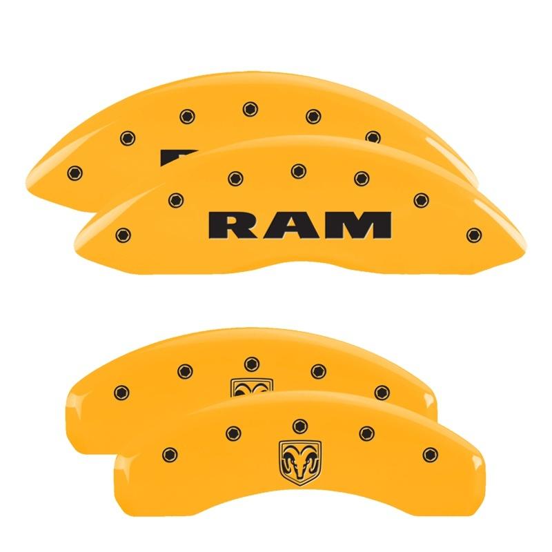 MGP 4 Caliper Covers Engraved Front Ram Rear Ramhead Yellow Finish Black Char 2019 Ram 1500 55005SRMHYL Main Image