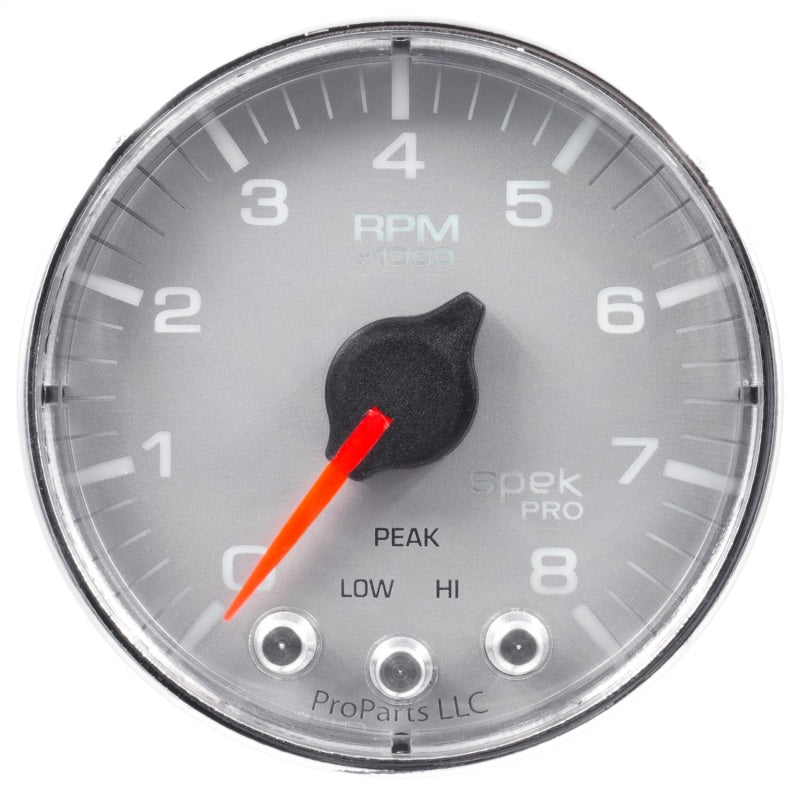 Autometer Spek-Pro Gauge Tach 2 1/16in 8K Rpm W/ Shift Light & Peak Mem Slvr/Chrm P334218