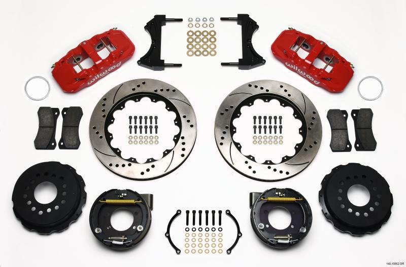 Wilwood AERO4 Rear P-Brake Kit 14.00in Drill Red Ford 8.8 w/2.5in Offset-5 Lug 140-10952-DR Main Image