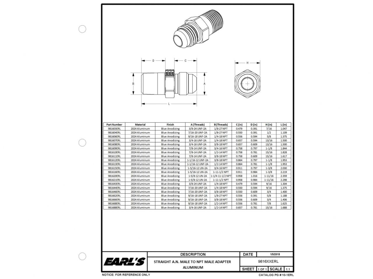 Earl's ST. -16 TO 3/4" NPT ADAPTER