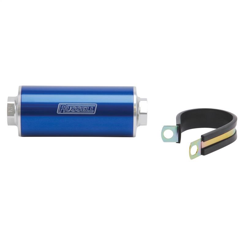 Russell Performance Profilter Fuel Filter 6in Long 60 Micron -10AN Inlet -10AN Outlet - Blue 649262 Main Image