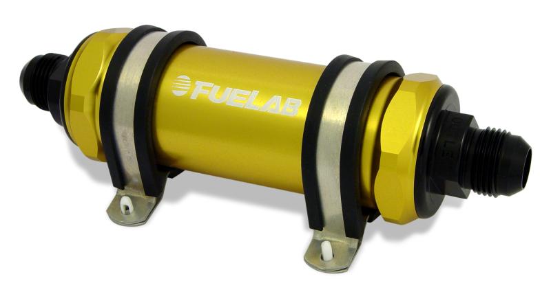 Fuelab 828 In-Line Fuel Filter Long -10AN In/-6AN Out 10 Micron Fabric - Gold 82800-5-10-6 Main Image