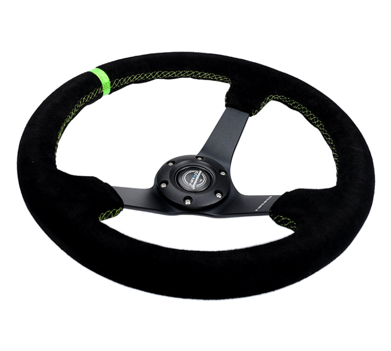 NRG Reinforced Steering Wheel 350mm/3in. Deep Blk Suede/ Neon Green Stitch w/5mm Matte Black Spoke RST-036MB-S-GN