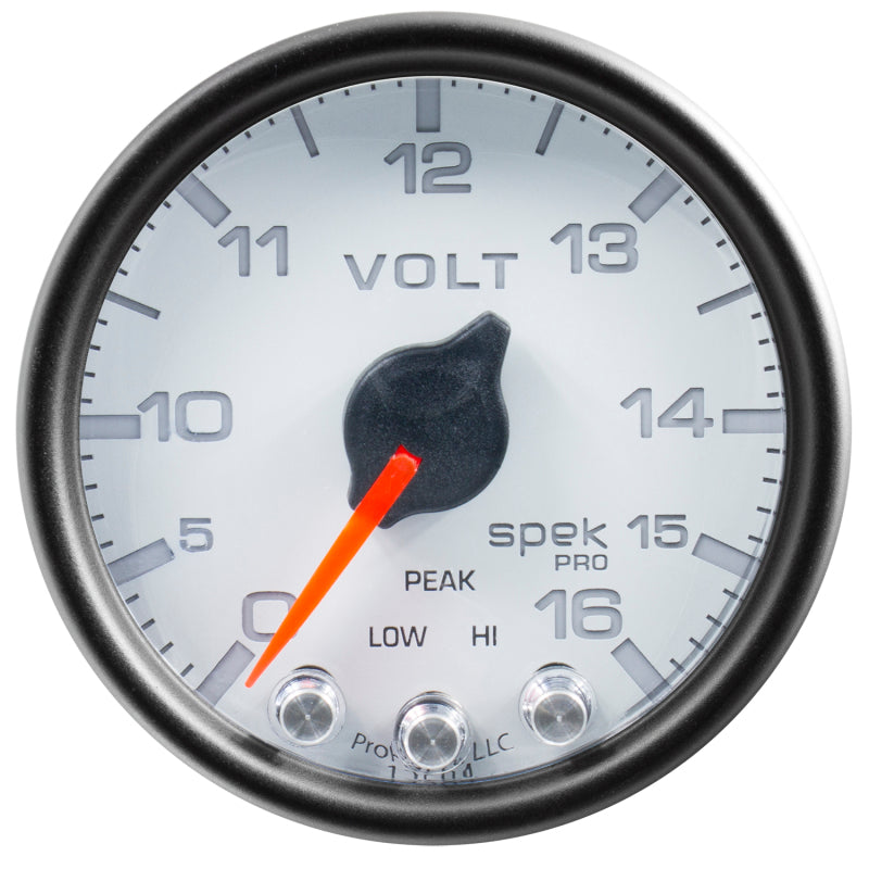 Autometer Spek-Pro Gauge Voltmeter 2 1/16in 16V Stepper Motor W/Peak & Warn Wht/Blk P34412