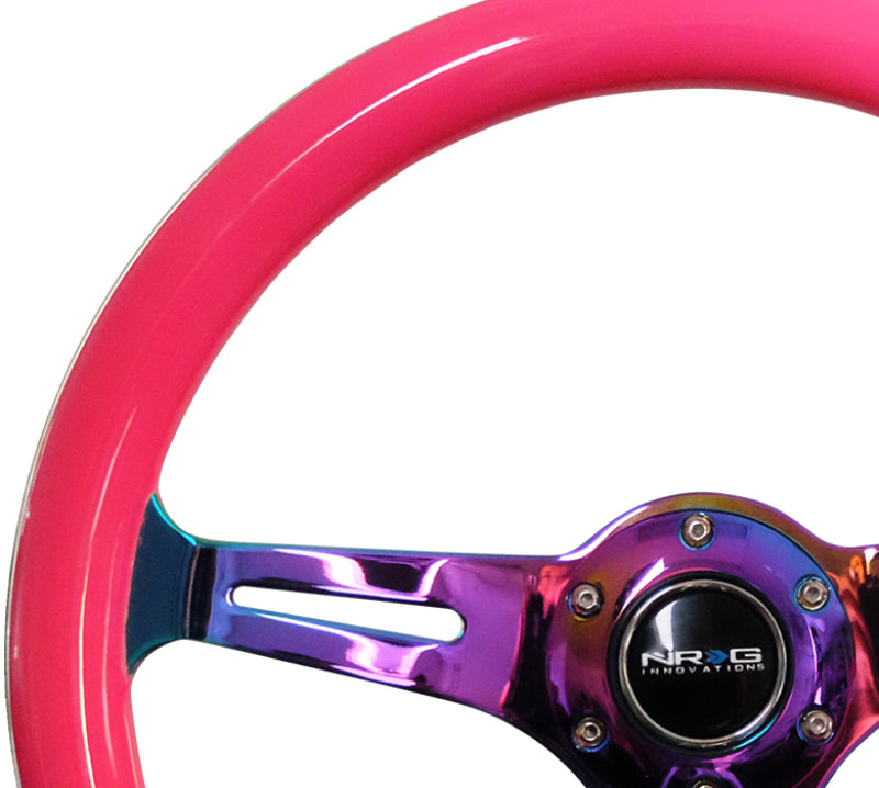 NRG Classic Wood Grain Steering Wheel (350mm) Neon Pink Painted Grip w/Neochrome 3-Spoke Center ST-015MC-NPK