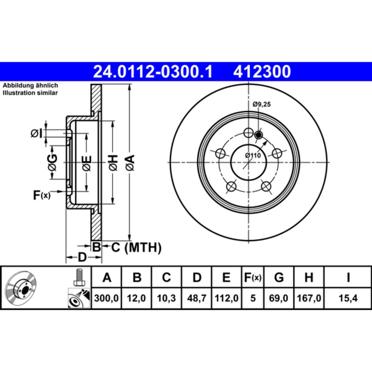 ATE Disc Brake Rotor  top view frsport 412300