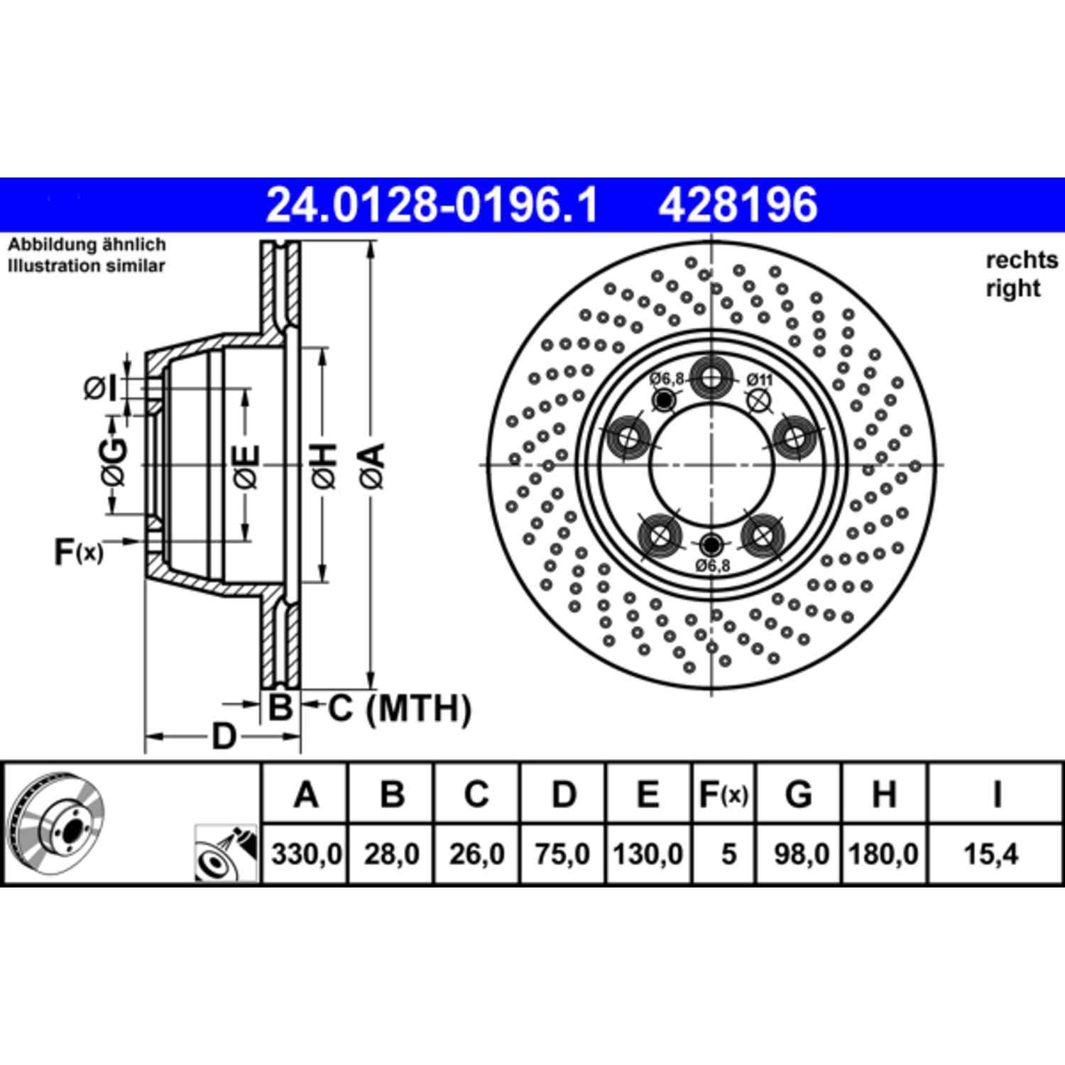 ATE Disc Brake Rotor  top view frsport 428196